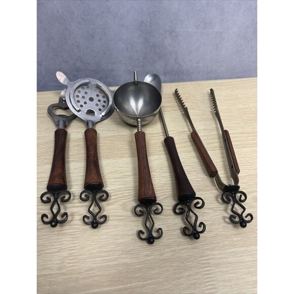 Vintage Barware Tools Set Of 5 Vintage Gothic Scroll Wrought Iron Design - Picture 1 of 5